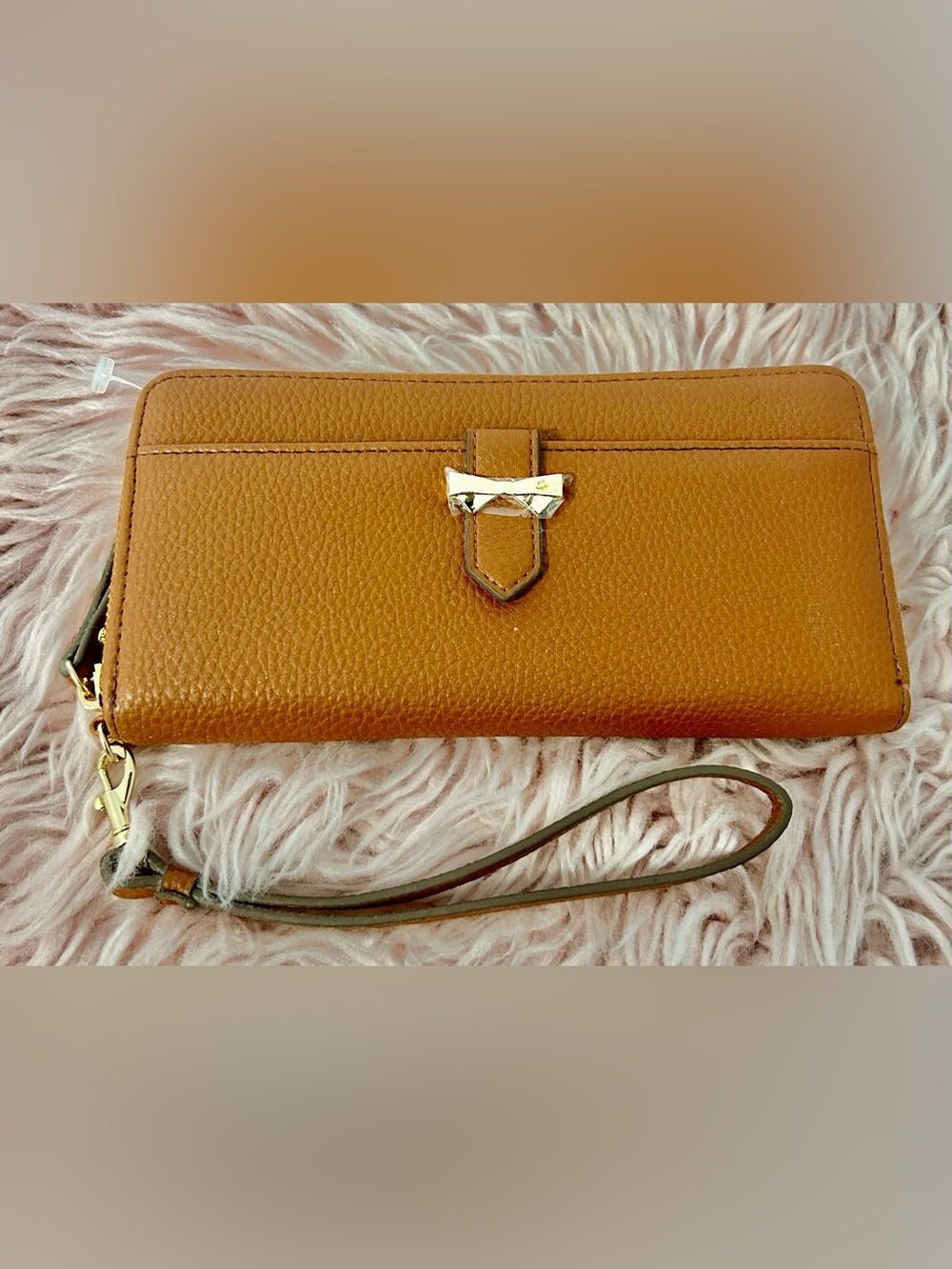 Anne Klein Tan Leather Wristlet Wallet with Gold Hardware